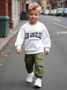 SHEIN Young Boy Letter Print Crew Neck Long Sleeve Sweatshirt And Cargo Pants Casual Suit Chic Outfits For Autumn/Winter Fall - White - View 1
