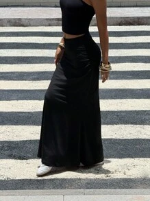 SHEIN Everyday Casual Teen Girls Long Black Polyester Mermaid Skirt With Straight Hemline