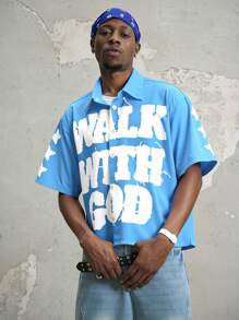 Manfinity Roghcode 男士夏季休闲字母印花衬衫，基督教服饰 - 藍色 - 查看 5