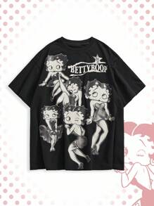Betty Boop | ROMWE Camiseta de manga corta de cuello redondo con estampado de dibujos animados, de talla grande y estilo casual de verano - Negro - Ver 1