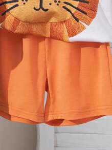 Conjunto de 4 piezas para bebé niño, izquierda: Camiseta blanca con estampado de jirafa + pantalones cortos verde fresco, lleno de encanto infantil; derecha: Camiseta con estampado de león + pantalones cortos de cintura elástica naranja, moda y juguetona - Multicolor - Ver 7