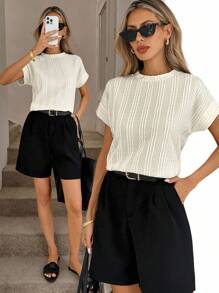 Easowa Camiseta básica de mujer de cuello redondo de manga corta con textura de rayas, top de punto casual de mujer, top de punto de mujer, top casual de negocios, estilo "Old Money" para mujer de negocios casuales, para mujer de noche/salida, tops de salida para mujer, para mujer en el aeropuerto, de vuelta al colegio, para profesoras, camisas de profesora
