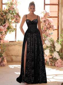 Glamrae Elegant Sequins Lace Spaghetti Strap Y-Neck Ruched Sexy Slit Maxi Dress, Suitable For Wedding, Bridal Gown In White - Black - View 3