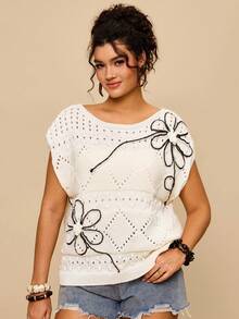 Travachic Gilet sans manches en tricot à motif floral et lignes pour femmes grandes tailles, convient pour l'été et l'automne - Beige - Voir 1