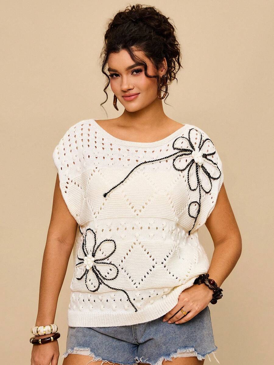 Travachic Gilet sans manches en tricot à motif floral et lignes pour femmes grandes tailles, convient pour l'été et l'automne - Beige - Voir 1