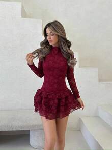 Jemour 女士勃艮第纯色优雅蕾丝边分层荷叶边下摆迷你连衣裙，适合约会夜店生日派对情人节花卉性感装，长袖分层蛋糕分层迷你连衣裙 - 酒紅色 - 查看 5