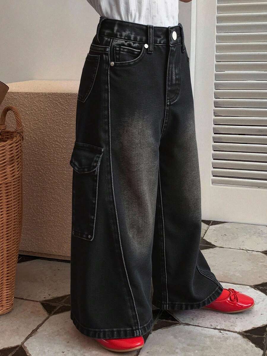 DAZY Young Girl Casual Washed Wide Leg Cargo Jeans - Black - View 1