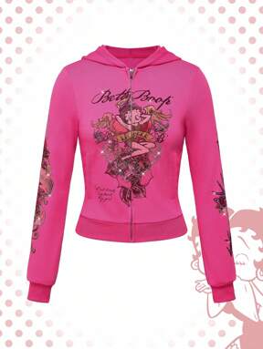 Betty Boop | ROMWE Cartoon Figure Graphic Slim Fit Rose Heart Print Pink Zip-Up Hoodie For Women