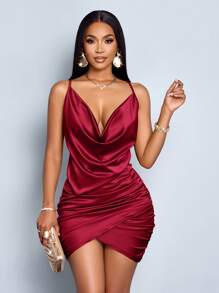 SOLERSUN Elegant Solid Color Draped Collar Backless Ruched Satin Party Bodycon Short Dress - Burgundy - View 6