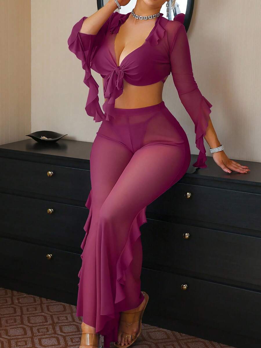 4pcs French Romantic Ruffle Sexy Lingerie Set, Going Out - Red Violet - View 1