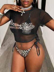 BamGleam Women's Summer Beach Leopard Print Number Halter Bikini Top With Side Tie, Leopard Print Triangle Bottoms, And Letter Print Mesh Crop Top 3 PiecesSwimsuit Set For Vacation - Multicolor - View 2