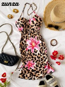 1pc Teen Girl Spaghetti Strap Snug Fit Mini Dress, Leopard & Floral Print, Casual Vacation Sundress For Summer - Brown - View 6