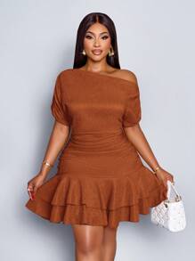 SOLERSUN 女士优雅派对日间杏色针织不对称领口长袖褶皱双褶迷你连衣裙 - 鏽棕色 - 查看 6