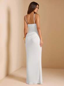 SHEIN BAE 女士夏季蕾丝网眼拼布连衣裙，适合毕业派对、婚礼宾客礼服、约会、宴会、派对、朋友聚会 - 白色 - 查看 2