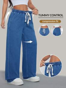 Flexra Elastic Waist Drawstring Cat's Whiskers Distressed Washed Knit Denim Pants - Medium Wash - View 1