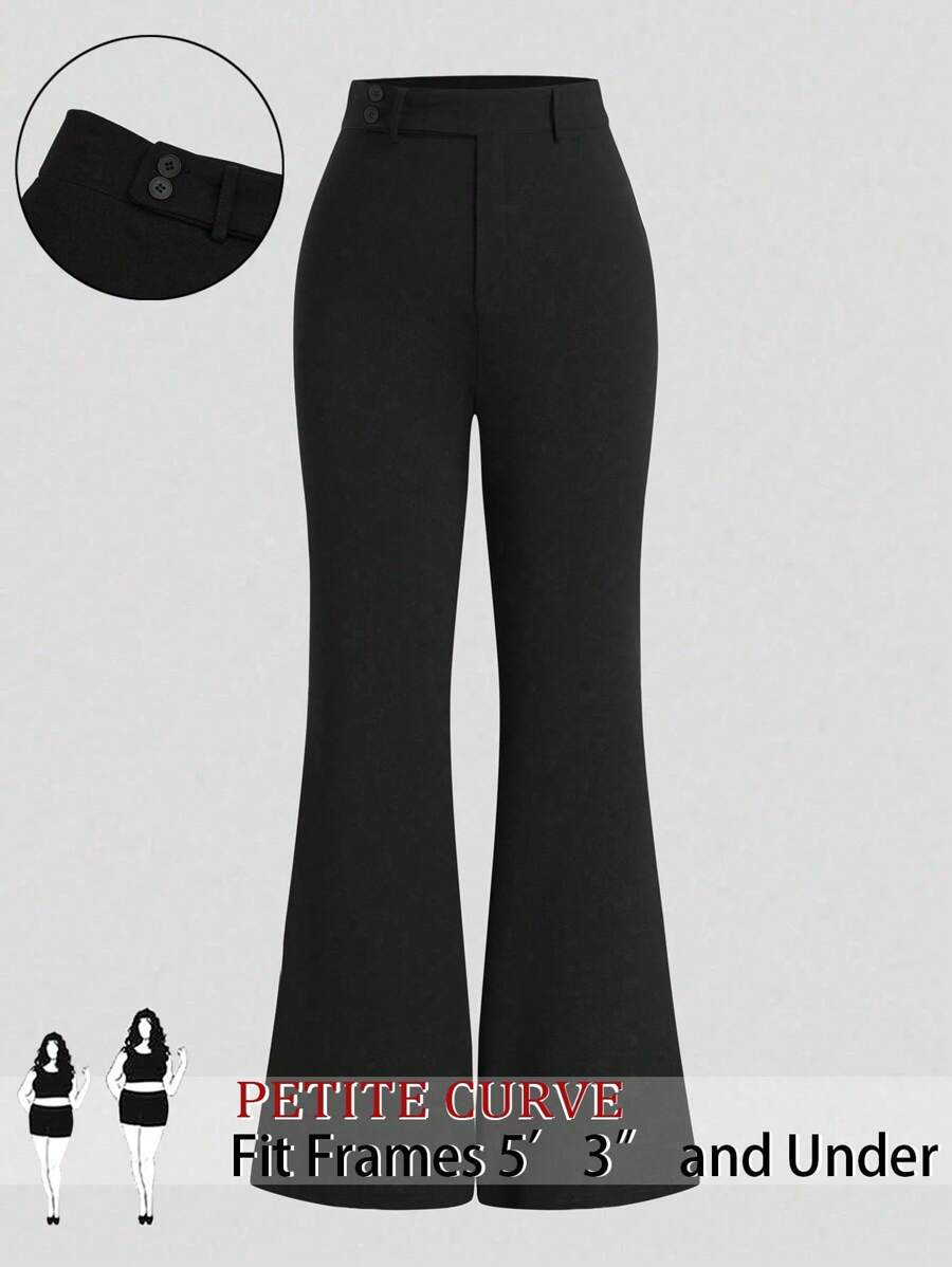 SHEIN PETITE 大码时尚休闲修身喇叭裤通勤裤，短款，夏季 - 黑色 - 查看 1