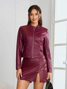 Ellevyn 女士纯色压花PU皮革长袖夹克，时尚 - 紅色 - 查看 2