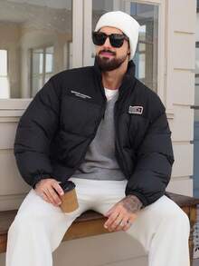 DAZY Men's Letter Print Patchwork Contrast Color Stand Collar Thick Padded Coat, Winter Jacket - Black - View 7