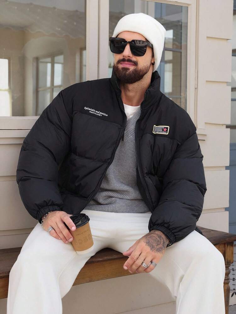 Men's Letter Print Patchwork Contrast Color Stand Collar Thick Padded Coat, Winter Jacket