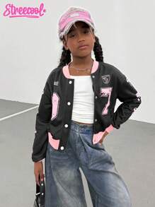 Tween Girls' Casual Everyday Contrast Trim Bow Print Button-Up Jacket Fall Winter - Black - View 4