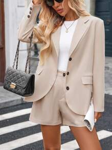 INAWLY Bộ vest thường ngày 2 món cỡ tiêu chuẩn dành cho nữ, áo khoác blazer thanh lịch và quần short rộng rãi - Màu be - Xem 6