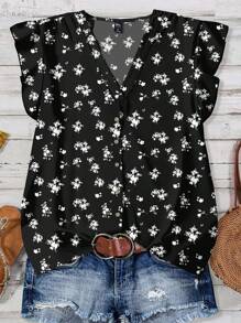 EMERY ROSE Ropa de mujer talla grande Estilo casual diario y vacacional Blusa suelta con escote en V, mangas cortas y estampado floral en blanco y negro para el verano