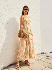 Maija 女士优雅扎染镂空刺绣吊带裙，夏季夏季连衣裙中长款太阳裙长款太阳裙长款花园派对连衣裙度假服夏季连衣裙女士橙色连衣裙女士服装露肩连衣裙花朵连衣裙 Fairycore 婚礼宾客礼服女士优雅生日礼服女士生日服装波西米亚风女装波西米亚风女装露肩飘逸连衣裙 - 黃色 - 查看 12