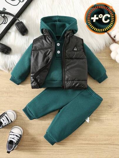 SHEIN Conjunto de 3 piezas para bebé recién nacido niño/niña: Sudadera con capucha de manga larga con media cremallera, pantalones con puños y chaleco sin mangas, Conjunto de invierno para bebé