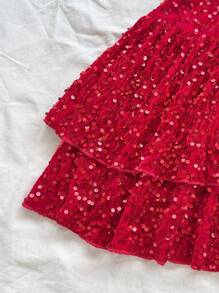 Soleia 女士性感深 V 领露背系带双荷叶边下摆亮片迷你连衣裙，适合圣诞节、约会之夜、夜总会、海滩、游轮、下午茶、波西米亚风、波西米亚风、度假 - 紅色 - 查看 5