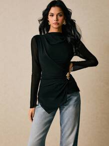 Poéselle Áo sơ mi dài tay tối giản màu đen dành cho nữ, trang phục thường ngày thoải mái, áo đi chơi, áo công sở, áo mùa đông, trang phục công sở thường ngày, trang phục văn phòng, phong cách cổ điển, sang trọng, trang phục mùa thu, trang phục mùa đông, áo kiểu mùa thu, áo kiểu thanh lịch dành cho nữ. - màu đen - Xem 4