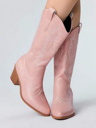 Fairycore Botas vaqueras occidentales con taco grueso, punta afilada y estilo deslizante, bordadas, nuevas para primavera/otoño 2025, color rosa