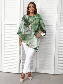 EMERY ROSE Casual Ink Marble Texture Pattern Round Neck Long Sleeve Plus Size Shirt, Suitable For Spring And Autumn And Winter,Teacher Shirts,Fall Clothes For Women Chic Blouses For Women