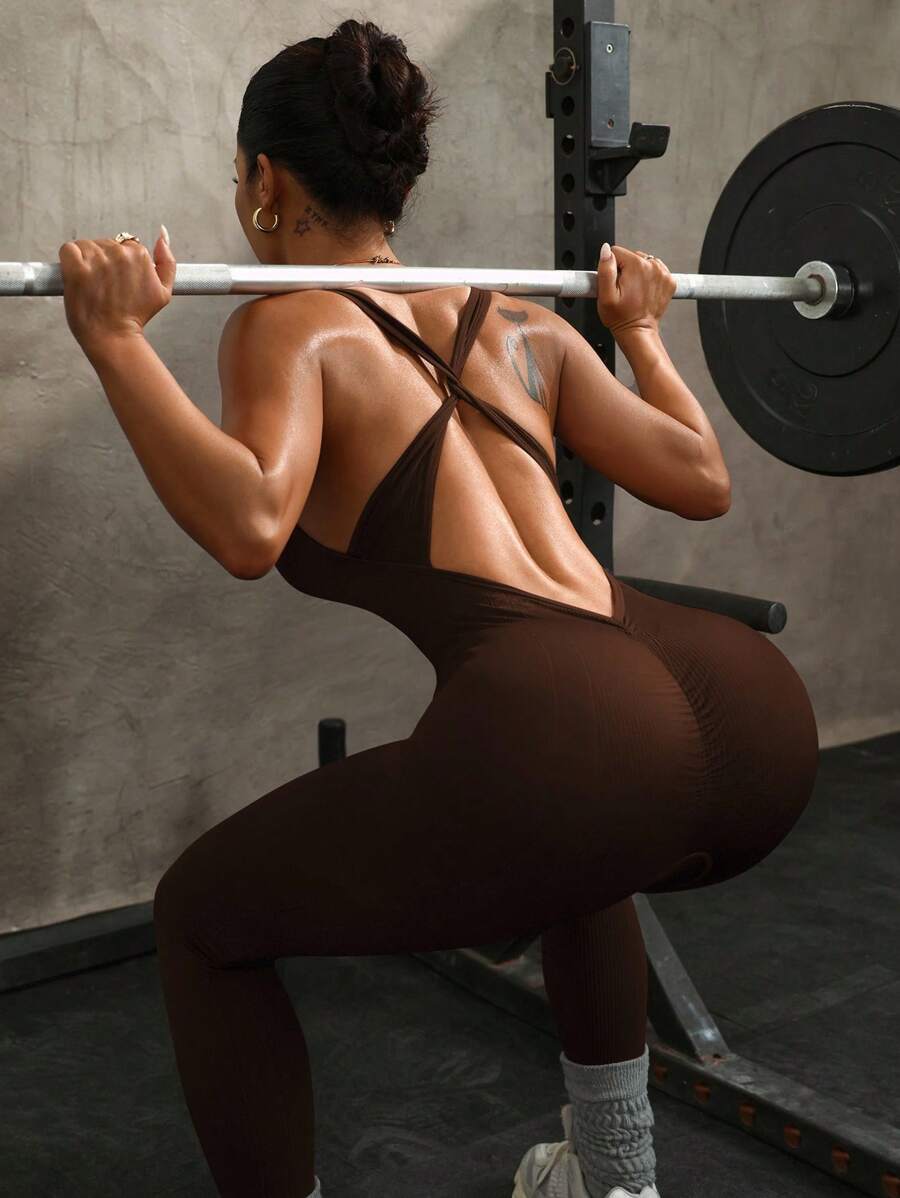 Seamluxe SHEIN Sport 女士纯色简约日常交叉抽绳运动连体裤全身抽绳运动连体裤 - 咖啡棕 - 查看 1