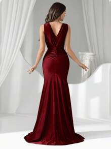 Coutiva Sexy Deep V Elastic High Waist Asymmetric Ruched Fishtail Evening Gown, Suitable For Weddings, Events, Parties, Honeymoons, Bridesmaid Dresses - Burgundy - View 3