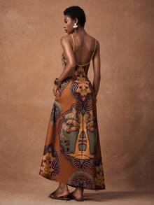 Zivah 春夏新品 音乐节、复活节、西部风、游牧风、生日派对、毕业典礼、学生装、日常休闲、基础百搭、休闲、邮轮旅行、海滩、日光浴、时尚、极简休闲、街头风、V 领水滴印花长裙、棕色大地色调 - 棕色 - 查看 2