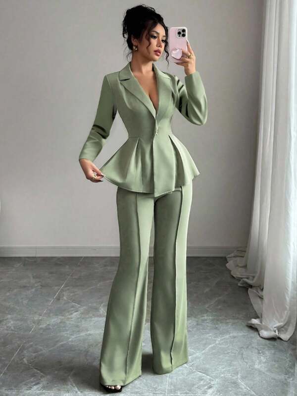 Elenzga Completo elegante con vita stretta, pantaloni slim con fondo a zampa di elefante alla moda, outfit adatto per vacanze/appuntamenti, Festa dell'Indipendenza, abbigliamento da insegnante per donne