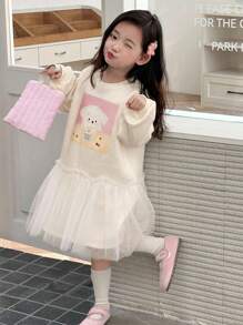 DAZY Young Girls Round Neck Knitted Fleece Printed Contrast Mesh Dress, Fall,Winter - Beige - View 8