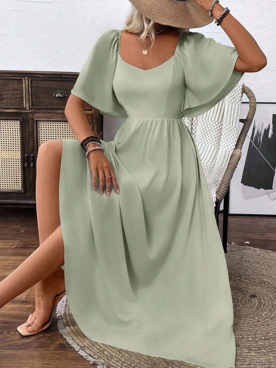 Clasi Breezaya 女式绿色波西米亚风方形优雅领口浪漫毕业生日礼服音乐会服装海滩女士服装泡泡袖露背蝴蝶结连衣裙带蝴蝶结春夏超长度假柔软面料荷叶边袖长裙 - 綠色 - 查看 1