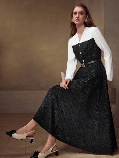 BLACK & WHITE CONTRAST LACE PATCHWORK LONG SLEEVE MIDI DRESSMotf