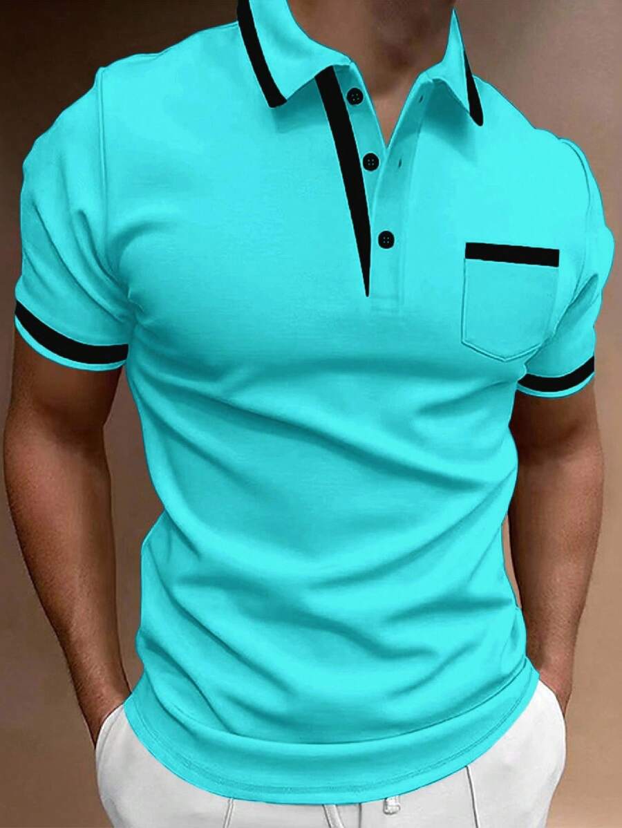 Calvornis Men's Casual Contrast Color Cuff Button Half-Placket Polo Shirt Teal Shirts For Men Turquoise Clothes Men Men Polo Shirts Golf Shirt For Men Zipper Polo Shirt - Peacock Blue - View 1