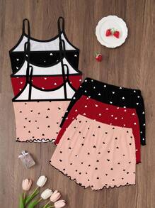 SHEIN Bộ đồ ngủ 3 món in hình trái tim gồm áo hai dây và quần short - Nhiều màu - Xem 2