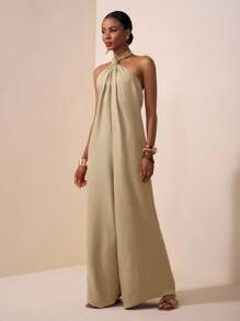 Zivah 2025夏季新款音乐节,复活节,母亲节,婚礼季,出席婚礼,生日派对,日常休闲,百搭百搭,休闲,邮轮旅行,海滩,日光浴,网络热卖,街头潮流,优雅,休闲,露背系带,性感露背,扭纹宽松阔腿连体裤,红棕色,女士