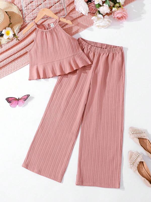 2pcs Tween Girls' Vacation Casual Solid Color Halter Top And Pants Set