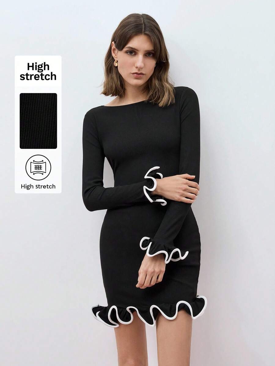 Maija 女士圆领荷叶边修身优雅迷你连衣裙节日