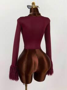 Amplova Fall Clothes For Women Winter Clothes Corset Metal Button Decor Fringed Tight Fit Jacket Elegant Burgundy Knit Cropped Jacket With Feathered Sleeves And Sophisticated Fit