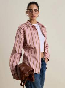 INAWLY Women's Casual Everyday Striped Front Button Down Oversized Shirt Fall Cloth For Women - Pink - View 2