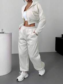SHEIN EZwear 浅灰色针织短款连帽衫和运动裤套装，秋季两件套家居服套装，女士运动套装，舒适家居服套装，秋冬季女士保暖服装 - 淺灰色 - 查看 5