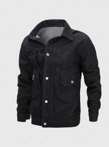 Manfinity Homme Men's Vintage Black Short Denim Jacket, American Style, Autumn/Spring - Black - View 3