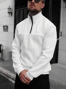 Manfinity CasualCool 男士休闲纯色纹理半拉链立领卫衣，男士秋季新款纯白色简约休闲套头卫衣，适合日常通勤和旅行的百搭单品 - 白色 - 查看 6