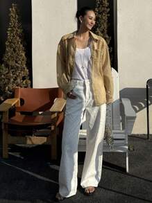 DAZY 女士宽松长袖亚麻字母刺绣衬衫，秋冬休闲领上衣 - 棕色 - 查看 4